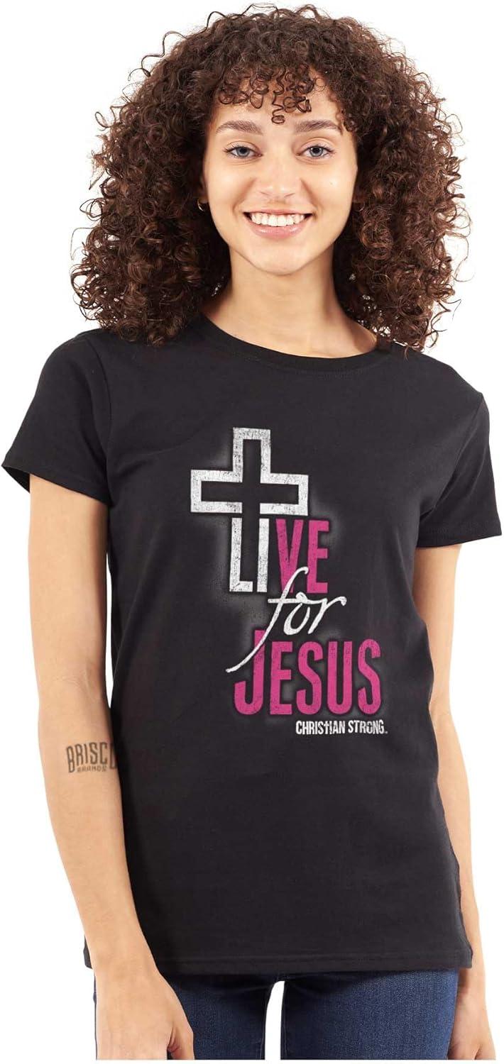 imageChristian Strong Live for Jesus Religious Faith Womens Slim Fit Graphic TeeBlack