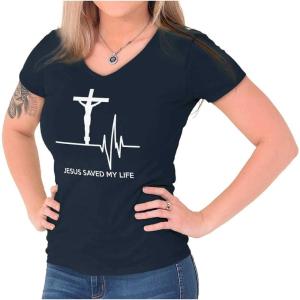 Christian Strong Jesus Saved My Life Crucifix Womens Petite V-Neck T Shirt, Navy, L