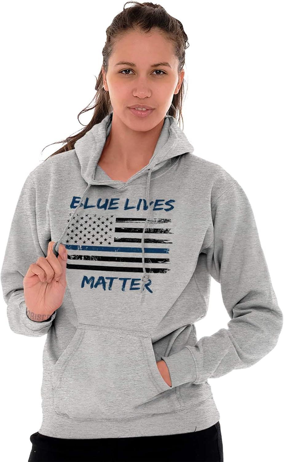imageBrisco Brands Support Blue Line American Flag Hoodie Sweatshirt Women MenSport Grey