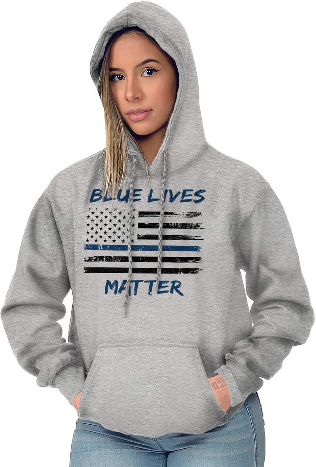 imageBrisco Brands Support Blue Line American Flag Hoodie Sweatshirt Women MenSport Grey