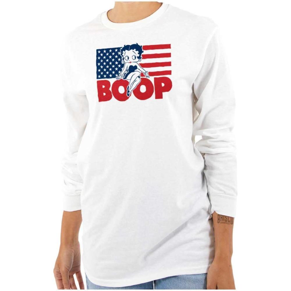 imageBetty Boop American Flag Patriotic Womens Long Sleeve T ShirtWhite