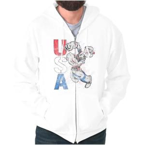 Brisco Brands Popeye the Sailor Man USA Patriot Zip Up Hoodie Mens Womens(White)