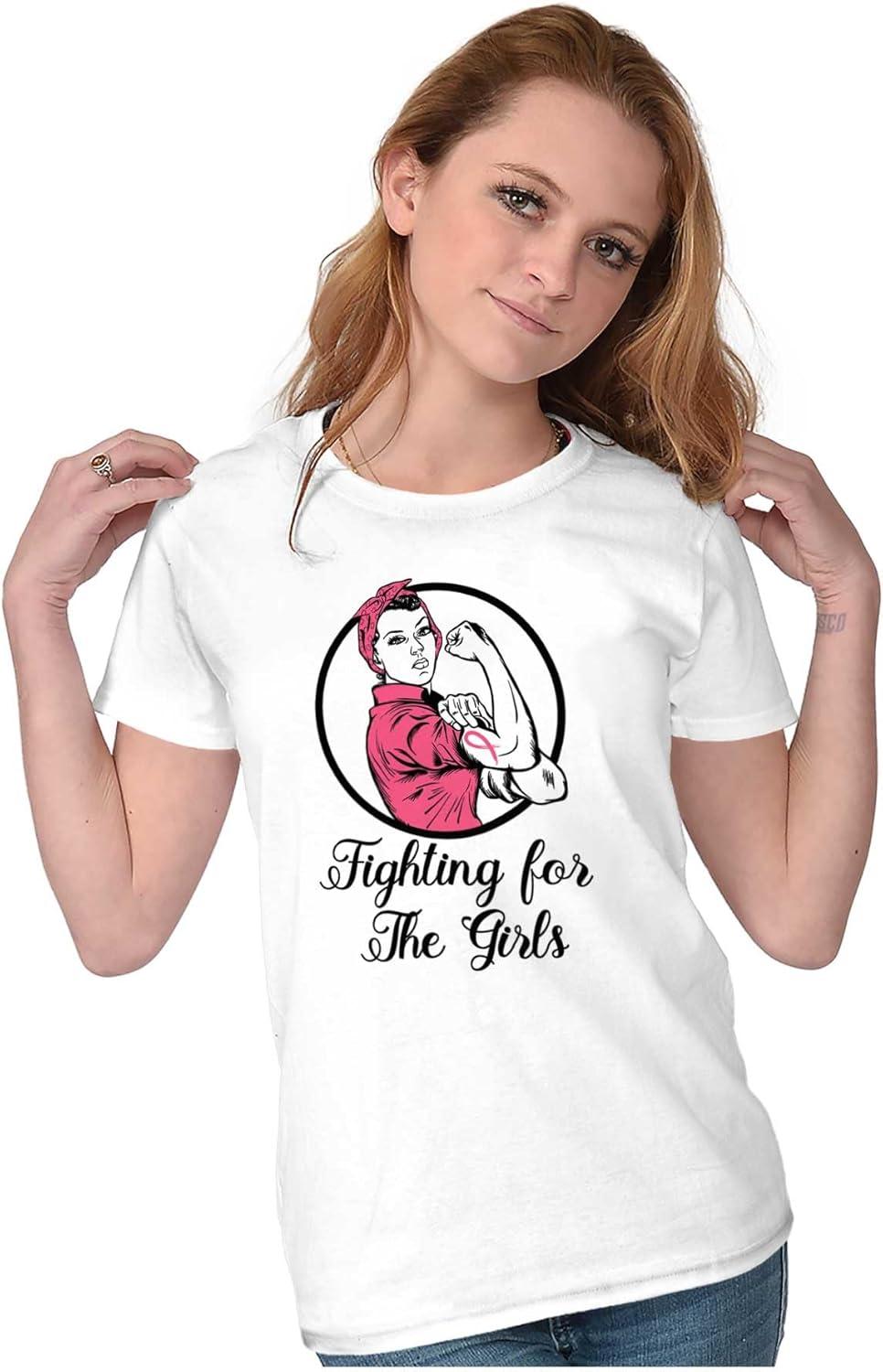 imageBrisco Brands Breast Cancer Fighter Rosie Riveter Womens Slim Fit Graphic TeeWhite