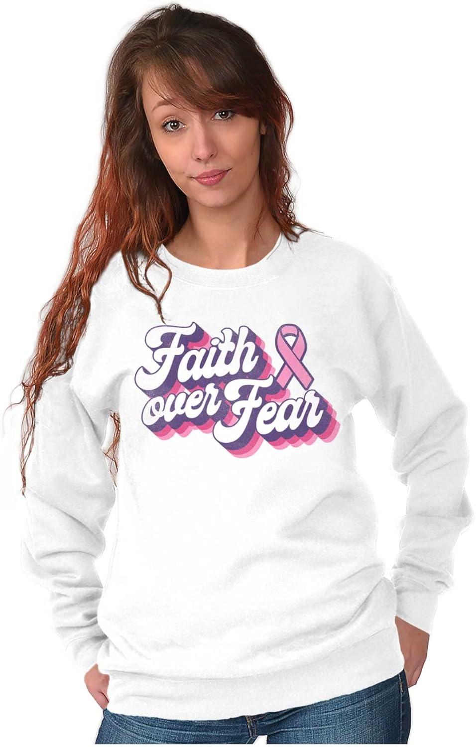 imageBrisco Brands Faith Over Fear Cancer Awareness BCA Women Crewneck SweatshirtWhite