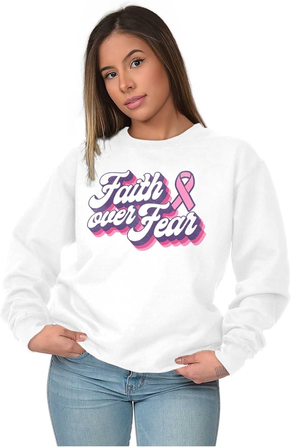 imageBrisco Brands Faith Over Fear Cancer Awareness BCA Women Crewneck SweatshirtWhite