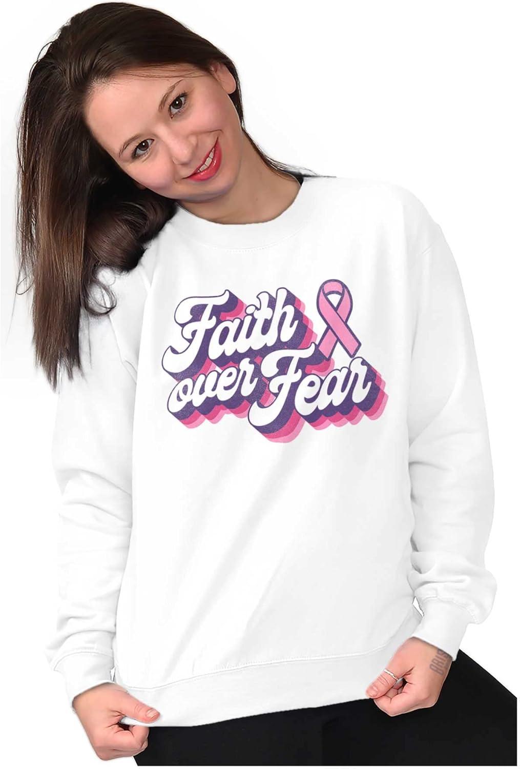 imageBrisco Brands Faith Over Fear Cancer Awareness BCA Women Crewneck SweatshirtWhite