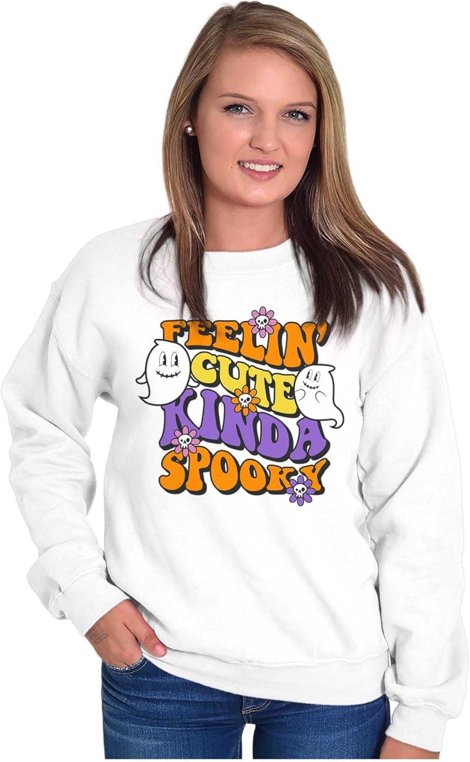imageBrisco Brands Halloween Feelin Cute Kinda Spooky Women Crewneck SweatshirtWhite