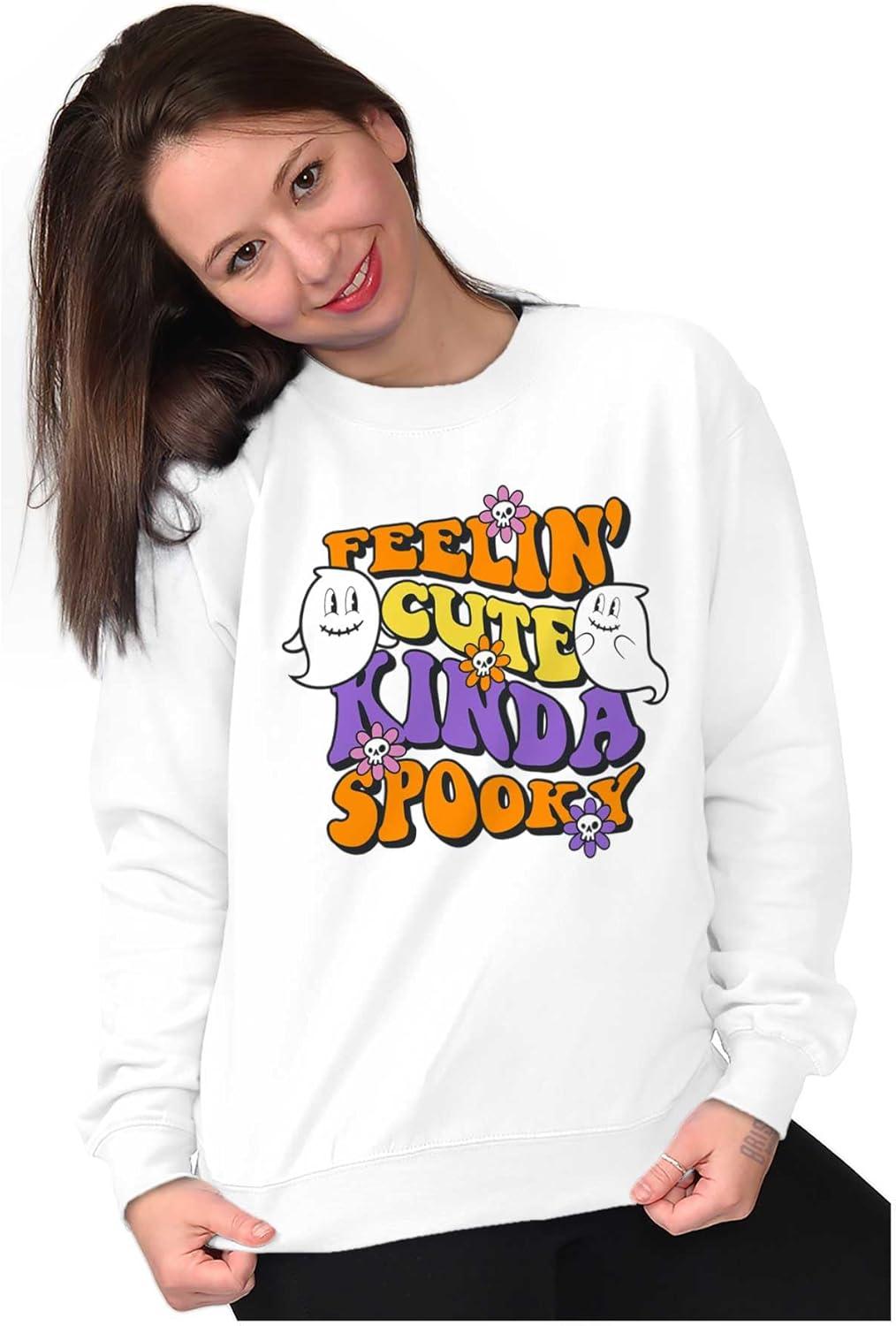 imageBrisco Brands Halloween Feelin Cute Kinda Spooky Women Crewneck SweatshirtWhite
