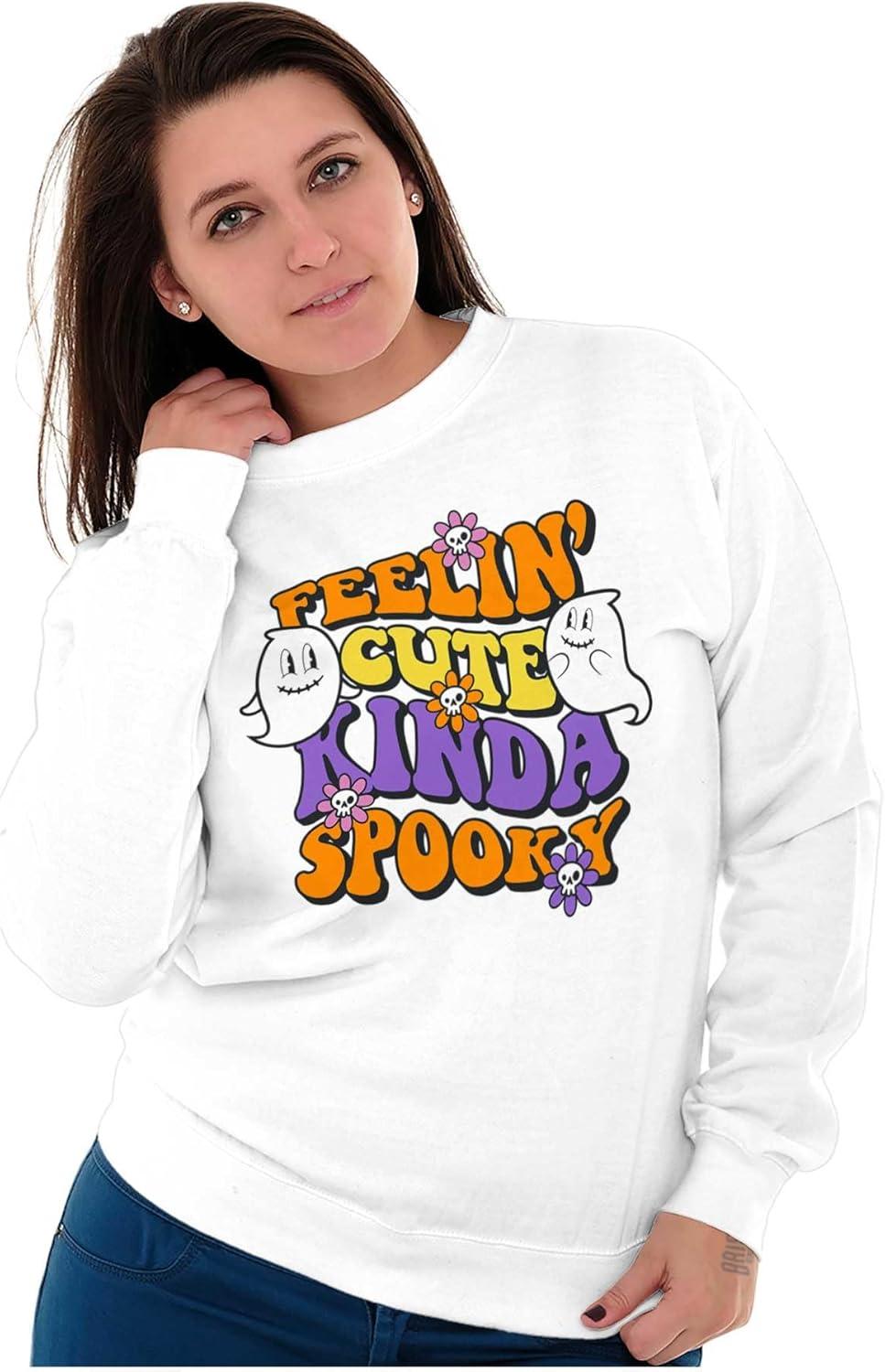 imageBrisco Brands Halloween Feelin Cute Kinda Spooky Women Crewneck SweatshirtWhite