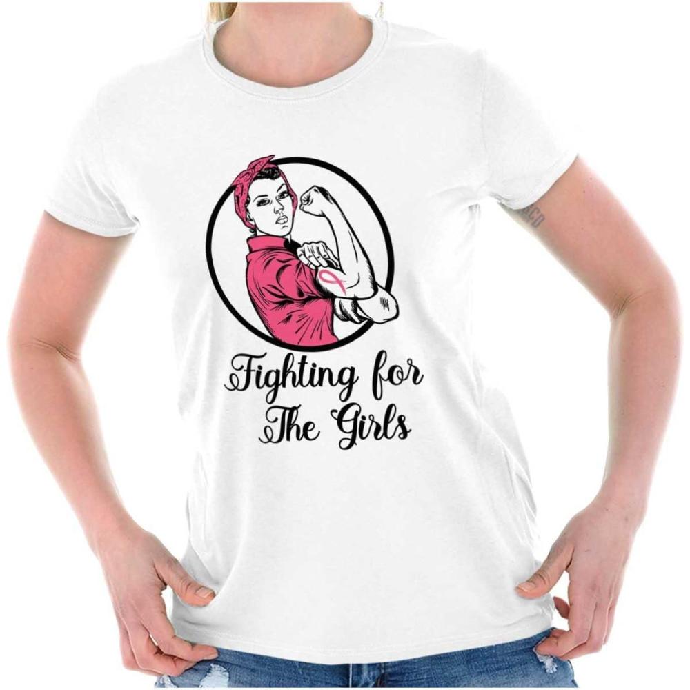 imageBrisco Brands Breast Cancer Fighter Rosie Riveter Womens Slim Fit Graphic TeeWhite