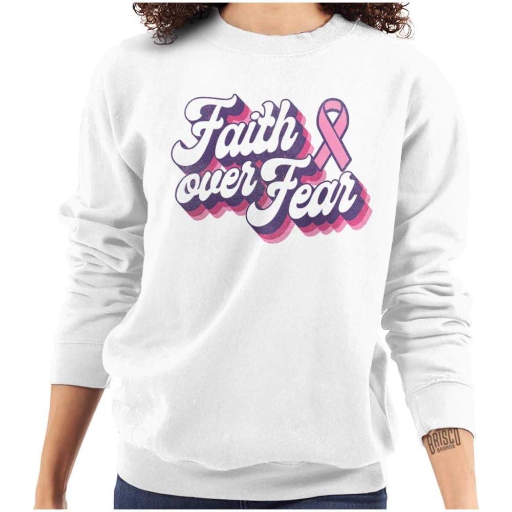imageBrisco Brands Faith Over Fear Cancer Awareness BCA Women Crewneck SweatshirtWhite