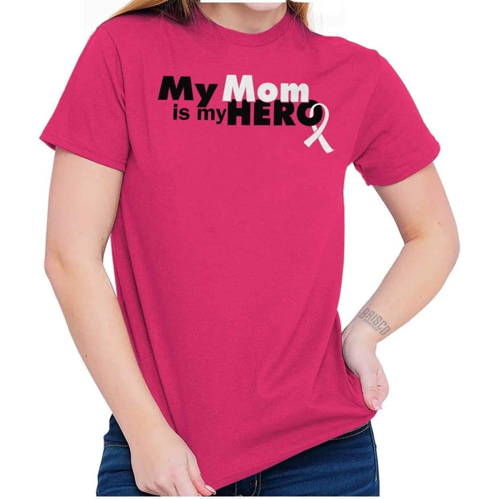 imageMy Mom My Hero Breast Cancer Ribbon Womens Graphic T Shirt Tees Heliconia