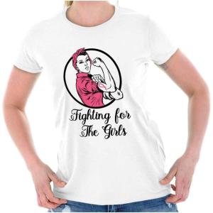 Brisco Brands Breast Cancer Fighter Rosie Riveter Womens Slim Fit Graphic Tee(White)