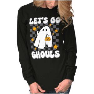 Brisco Brands Cute Halloween Let’s Go Ghouls Ghost Women’s Long Sleeve T Shirt(Black)