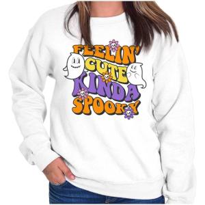 Brisco Brands Halloween Feelin Cute Kinda Spooky Women Crewneck Sweatshirt(White)