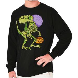 Brisco Brands Spooky Halloween Dinosaur Skeleton Long Sleeve Tshirt Men Women(Black)
