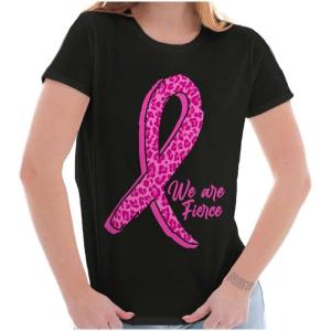 Cheetah Pink Ribbon We are Fierce Womens Slim Fit Graphic Tee(Black)