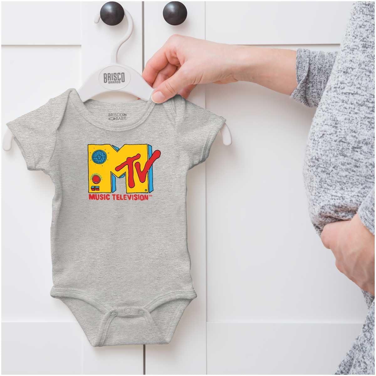 imageBrisco Brands Retro Classic MTV Speaker Logo Baby Romper Boys or GirlsHeather
