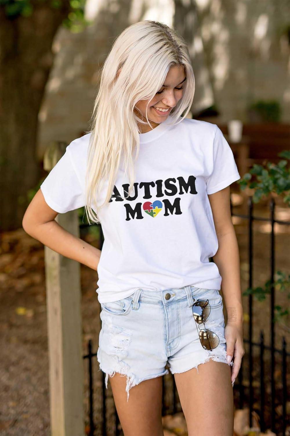 imageBrisco Brands Autism Mom Awareness Puzzle Piece Womens Graphic T Shirt TeesWhite