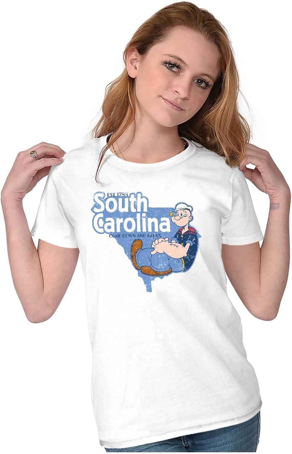 imageBrisco Brands Popeye Cartoon American States Womens Slim Fit Graphic TeeSouth Carolina White
