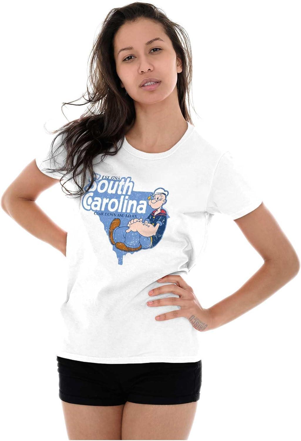 imageBrisco Brands Popeye Cartoon American States Womens Slim Fit Graphic TeeSouth Carolina White
