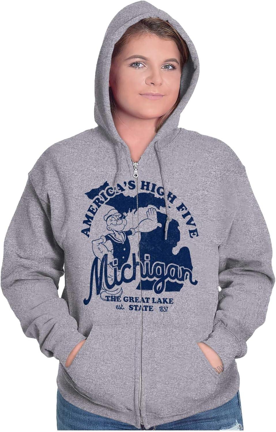 imageBrisco Brands Popeye Cartoon American States Zip Up Hoodie Mens WomensMichigan