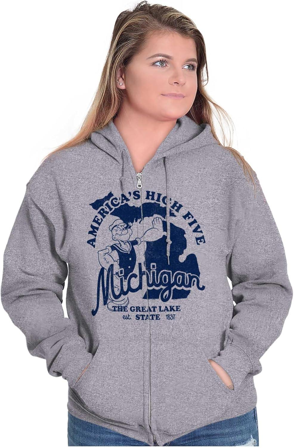 imageBrisco Brands Popeye Cartoon American States Zip Up Hoodie Mens WomensMichigan