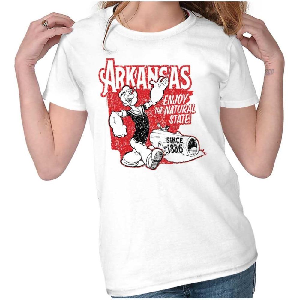 imageBrisco Brands Popeye Cartoon American States Womens Slim Fit Graphic TeeArkansas  White