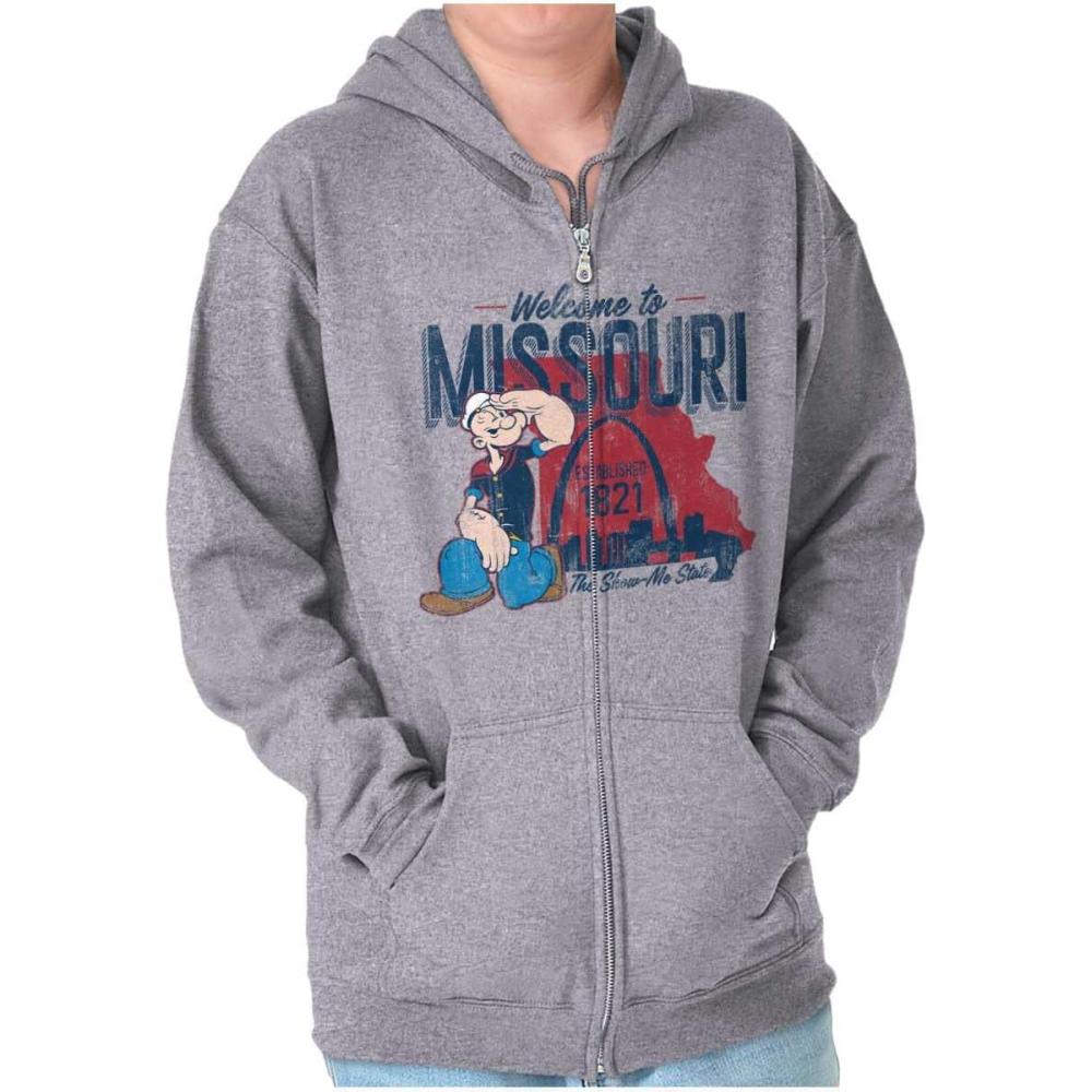 imageBrisco Brands Popeye Cartoon American States Zip Up Hoodie Mens WomensMissouri  Sport Grey