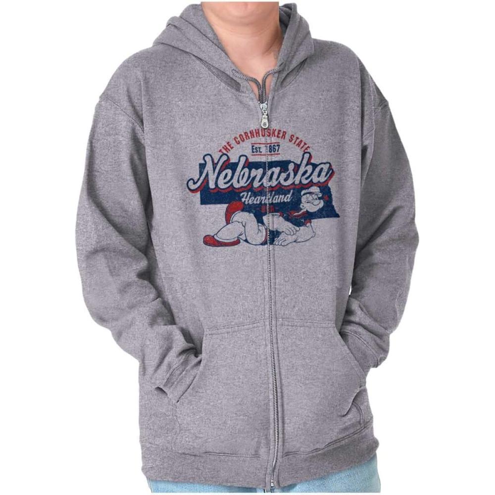 imageBrisco Brands Popeye Cartoon American States Zip Up Hoodie Mens WomensNebraska