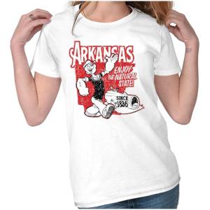 Brisco Brands Popeye Cartoon American States Womens Slim Fit Graphic Tee(Arkansas – White)