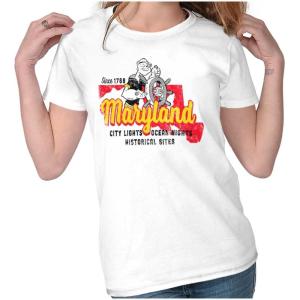Brisco Brands Popeye Cartoon American States Womens Slim Fit Graphic Tee(Maryland – White)