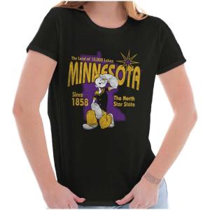 Brisco Brands Popeye Cartoon American States Womens Slim Fit Graphic Tee(Minnesota – Black)