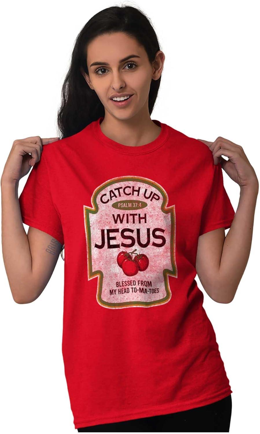 imageBrisco Brands Punny Christian Catch Up with Jesus Graphic T Shirt Men or WomenGarnet
