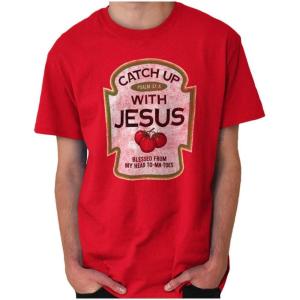 Brisco Brands Punny Christian Catch Up with Jesus Graphic T Shirt Men or Women(Cardinal Red)