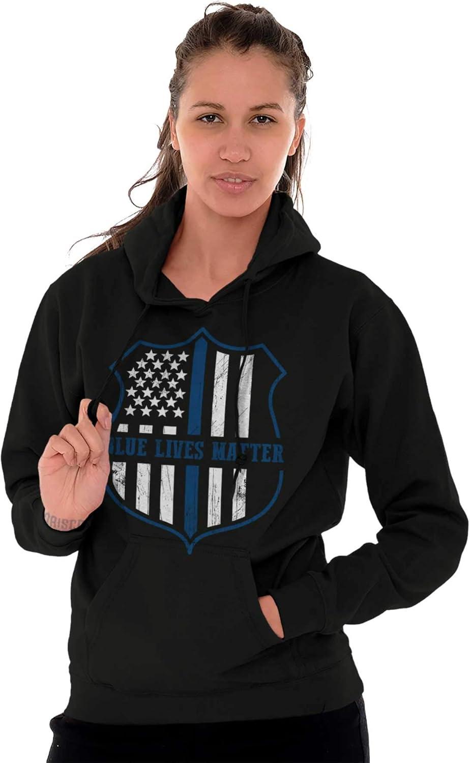 imageBrisco Brands Blue Line American Flag Police Badge Hoodie Sweatshirt Women MenBlack