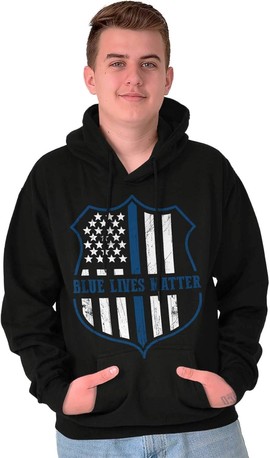 imageBrisco Brands Blue Line American Flag Police Badge Hoodie Sweatshirt Women MenBlack