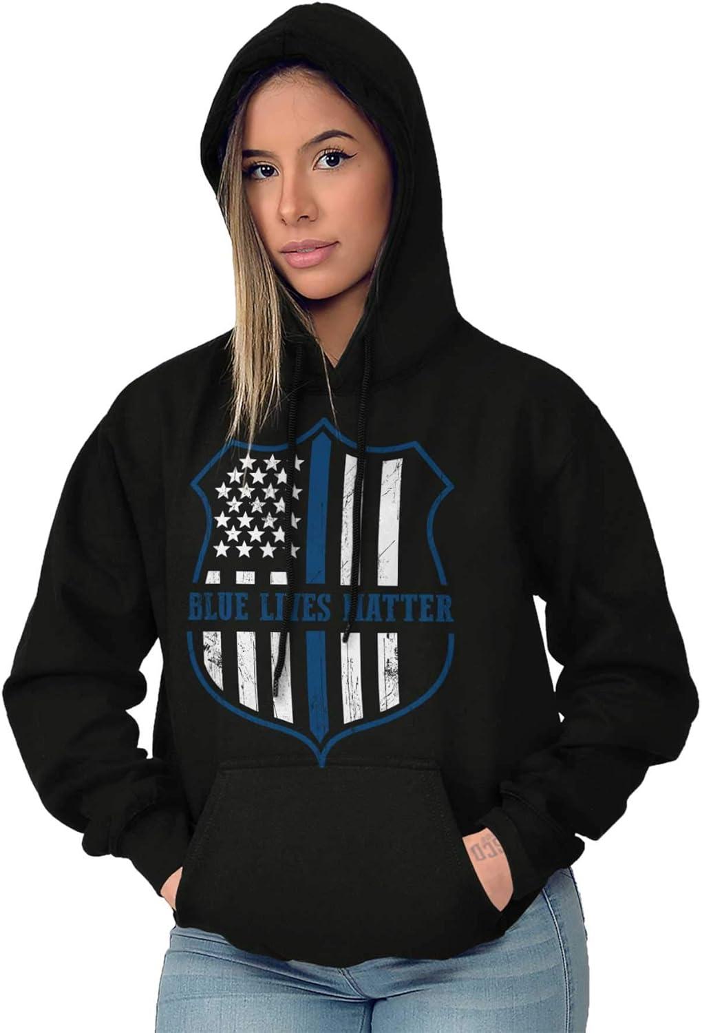 imageBrisco Brands Blue Line American Flag Police Badge Hoodie Sweatshirt Women MenBlack