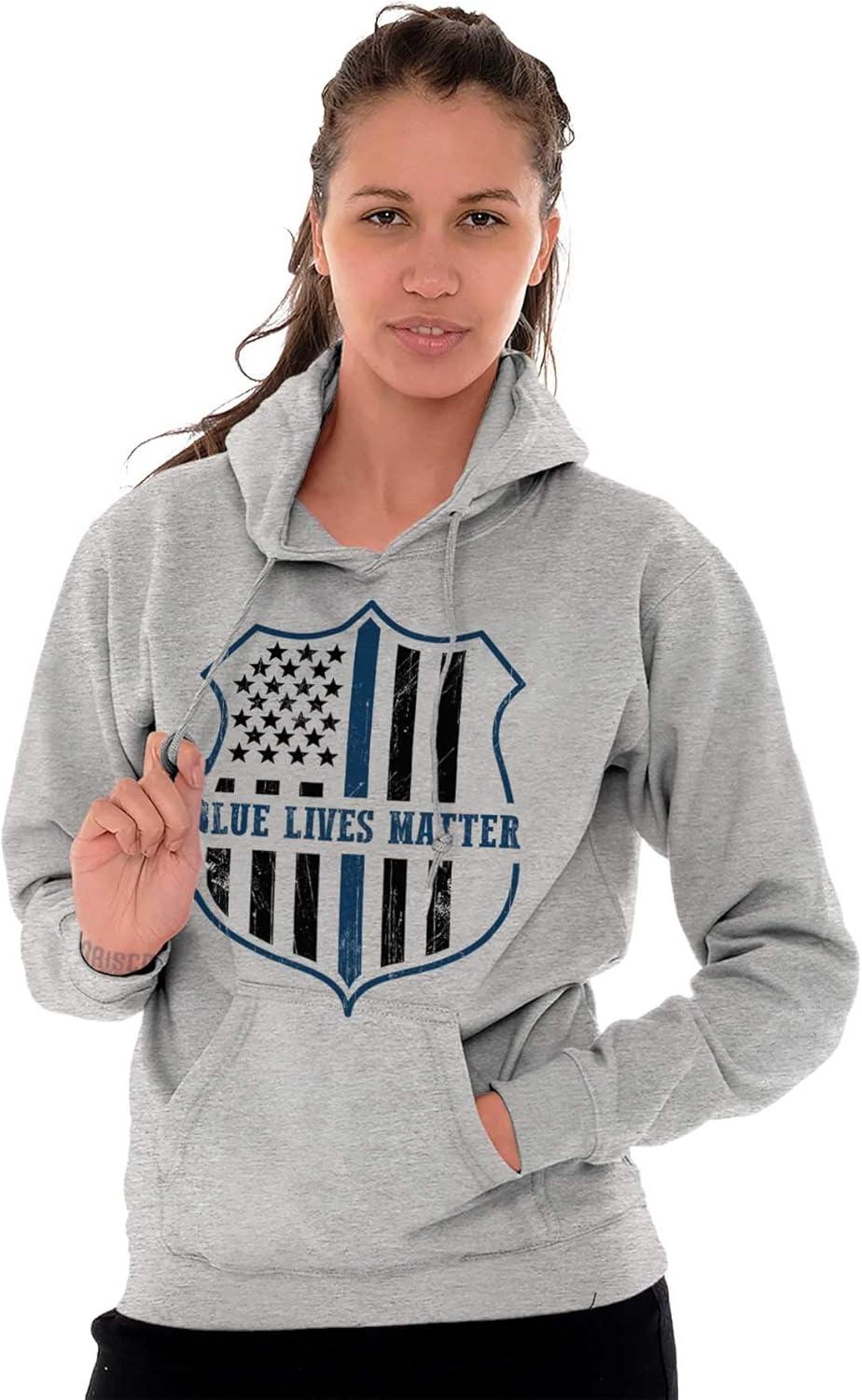 imageBrisco Brands Blue Line American Flag Police Badge Hoodie Sweatshirt Women MenSport Grey