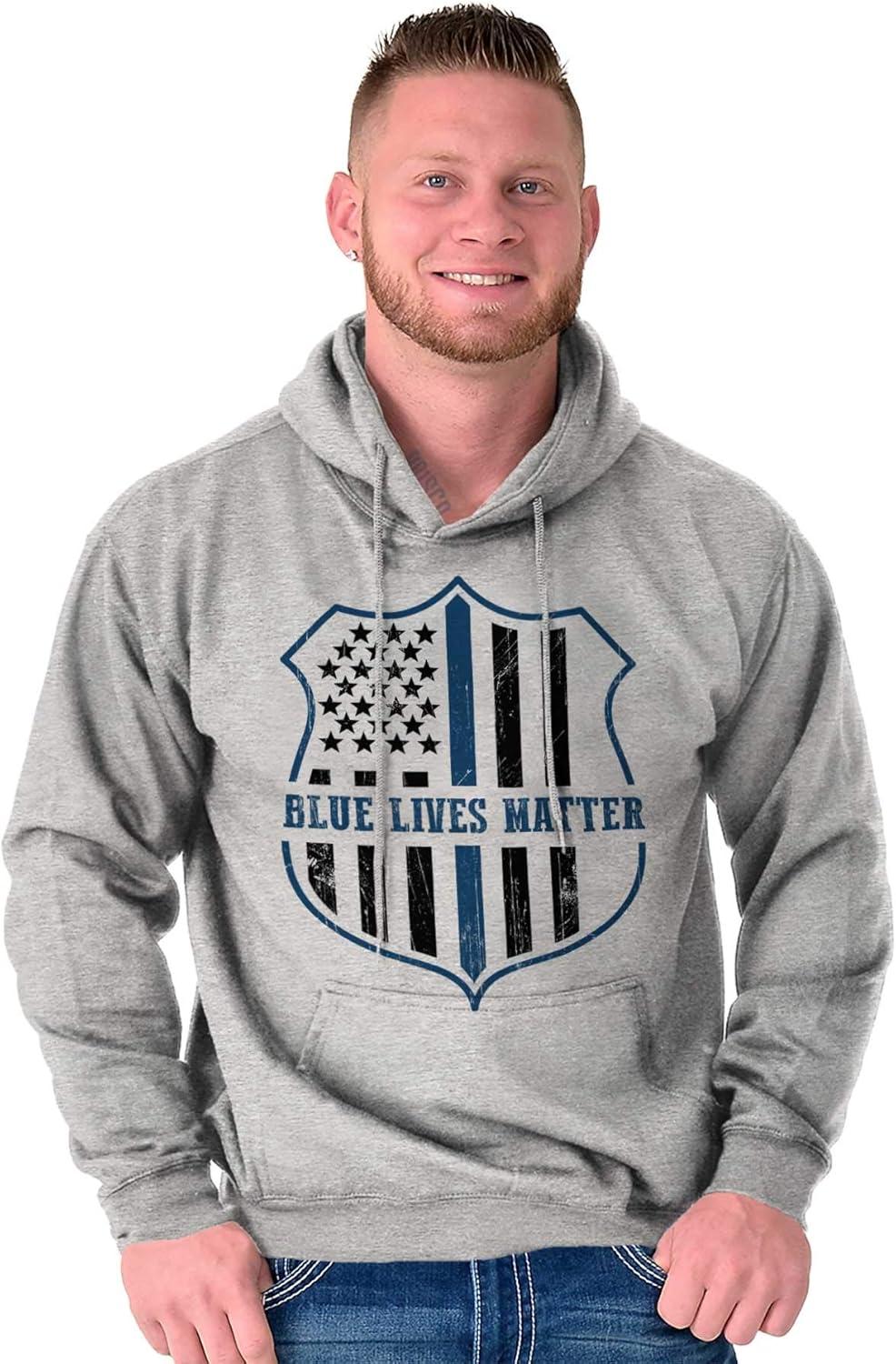 imageBrisco Brands Blue Line American Flag Police Badge Hoodie Sweatshirt Women MenSport Grey