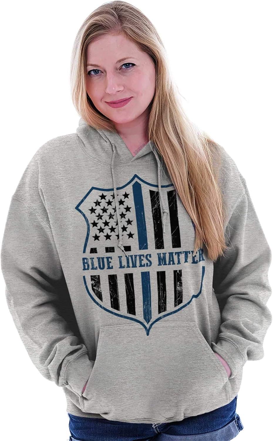 imageBrisco Brands Blue Line American Flag Police Badge Hoodie Sweatshirt Women MenSport Grey