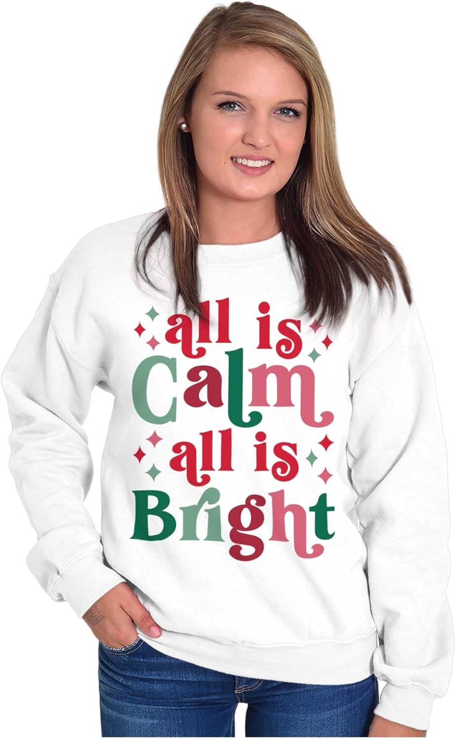 imageBrisco Brands Christmas All Is Calm Song Lyric Women Crewneck SweatshirtWhite