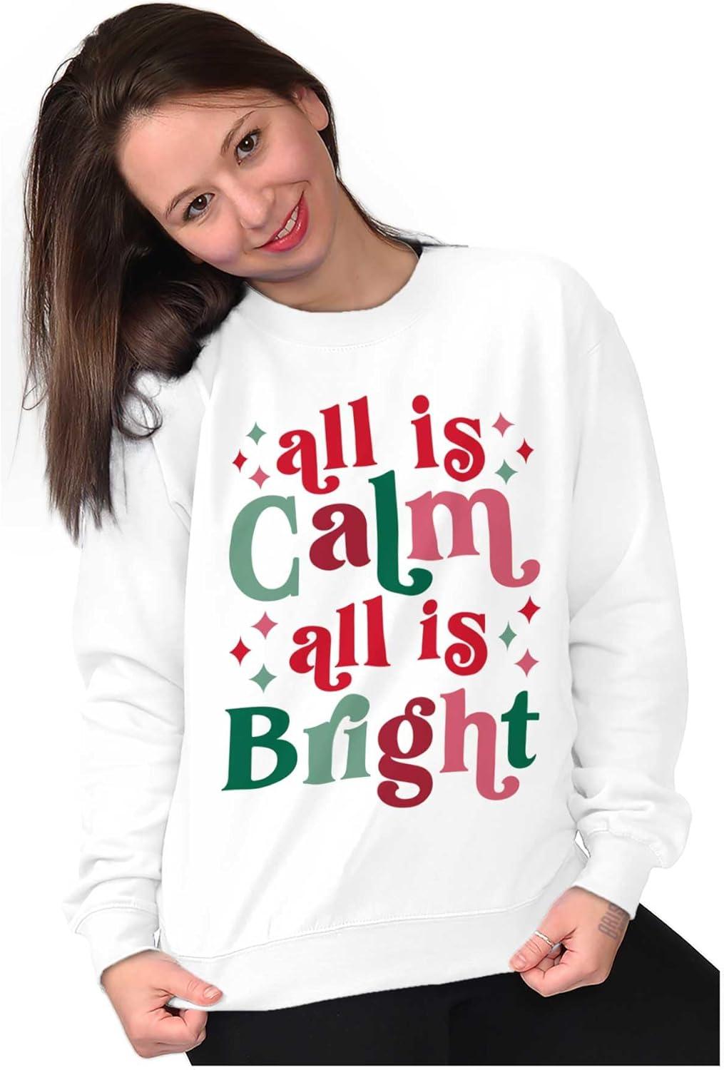 imageBrisco Brands Christmas All Is Calm Song Lyric Women Crewneck SweatshirtWhite