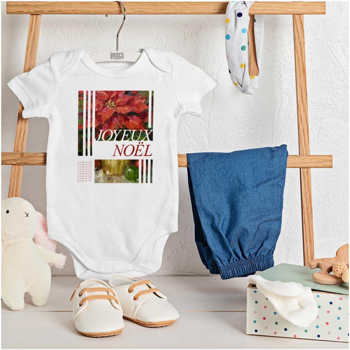 imageBrisco Brands Poinsettia Christmas Joyeux Noel Baby Romper Boys or GirlsWhite