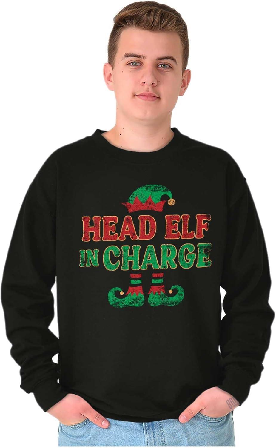 imageBrisco Brands Xmas Christmas Head Elf In Charge Sweatshirt for Men or WomenBlack