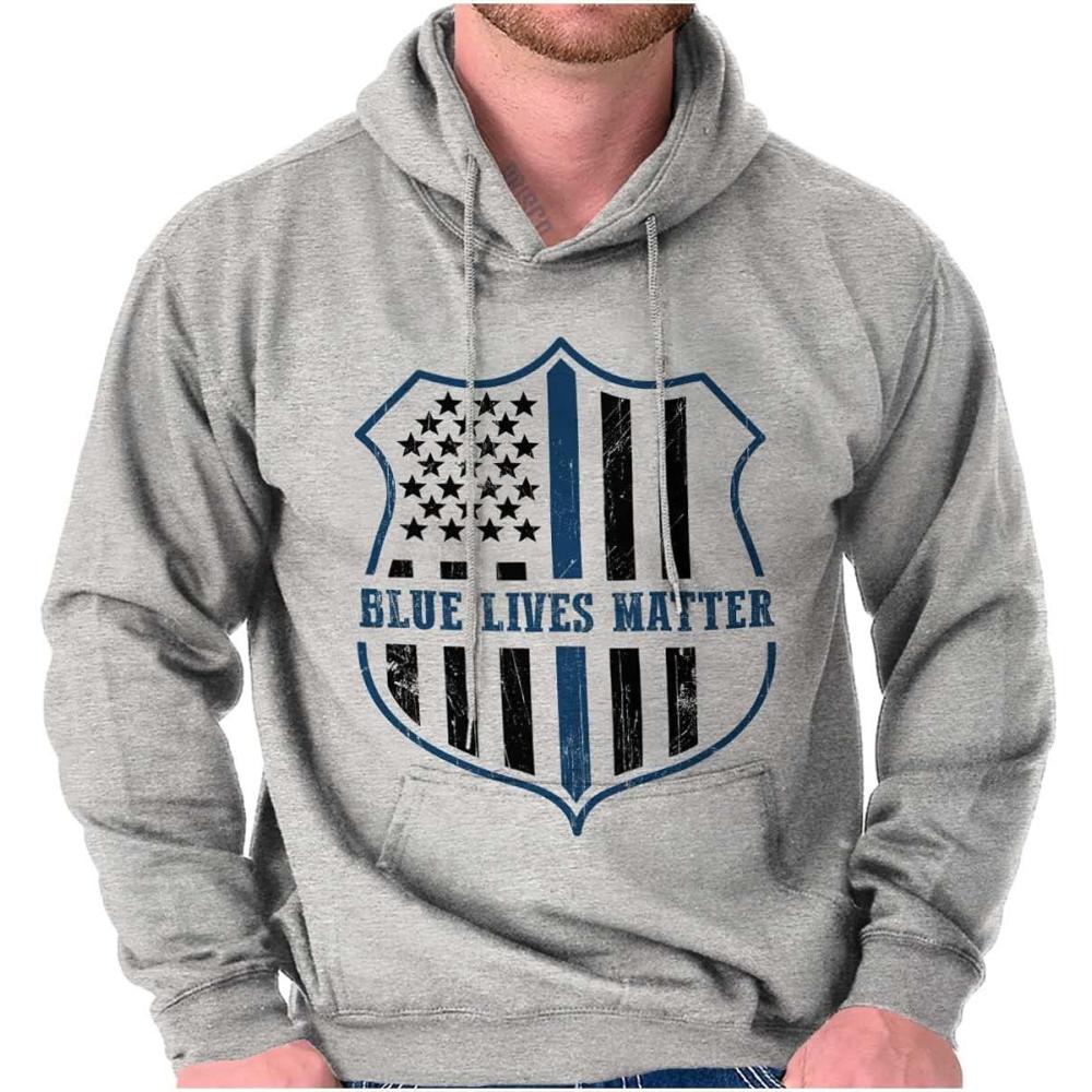 imageBrisco Brands Blue Line American Flag Police Badge Hoodie Sweatshirt Women MenSport Grey