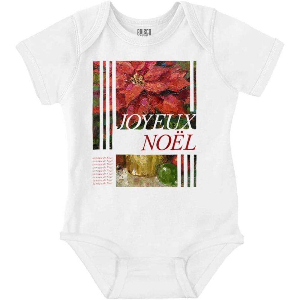 imageBrisco Brands Poinsettia Christmas Joyeux Noel Baby Romper Boys or GirlsWhite