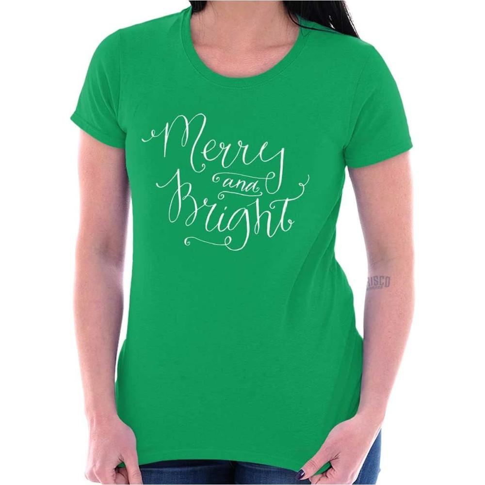 imageCute Christmas Merry and Bright Womens Slim Fit Graphic Tee Irish Green