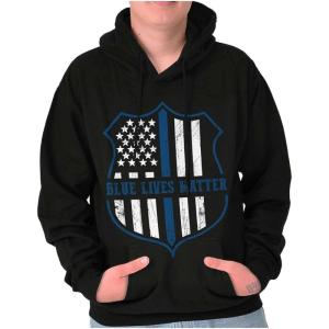 Brisco Brands Blue Line American Flag Police Badge Hoodie Sweatshirt Women Men(Black)
