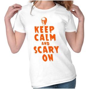 Halloween Keep Calm and Scary On Womens Slim Fit Graphic Tee(White)
